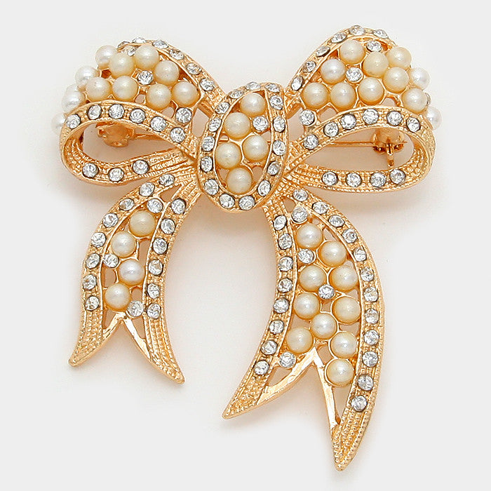 Our Elegant Crystal Pearl Bow Brooch
