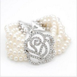 Beautiful Pearl and Crystal Rose Bracelet