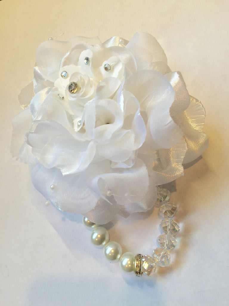 White Rose Bracelet Corsage with Rhinestones