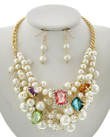 MultiColor Crystal Pearl Necklace Set