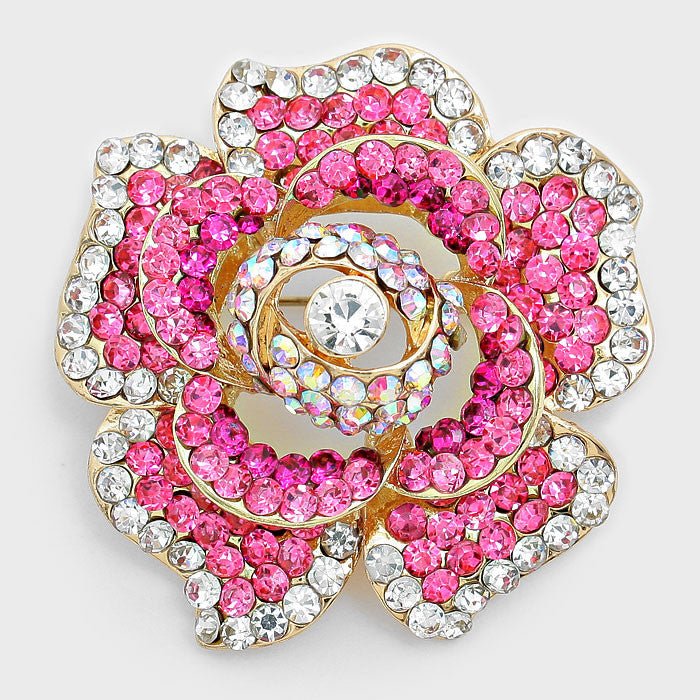 Austrian Crystal Rose Flower Brooch Statement Pin Gold Silver